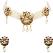 Artificial Imitation Jadau Jewellery Rajputana Rajasthani Traditional Ethnic Wear Gold Plated Pearl Beaded Choker with EarringsMIBDDCHKR50SMLCPY2