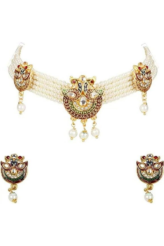 Artificial Imitation Jadau Jewellery Rajputana Rajasthani Traditional Ethnic Wear Gold Plated Pearl Beaded Choker with Earrings(MIBDDCHKR50SMLCPY2)