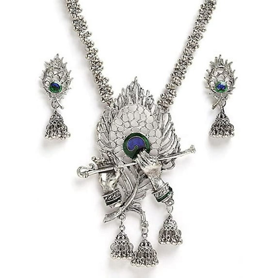  Artificial Imitation Oxidised Jewellery Lord Krishna Antique Traditional Stylish Ethnic Wear Long Haar Necklace set with & Earrings (JS Oxi 55 BNS)