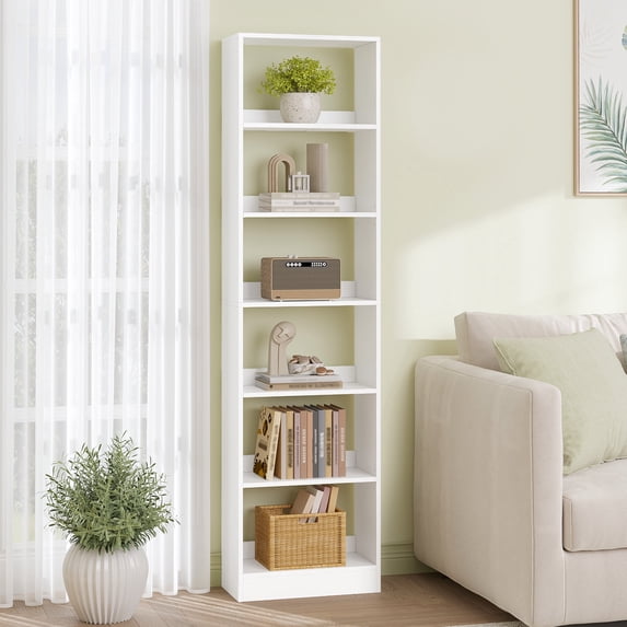 Hzuaneri 6-Tier Bookcase, Narrow Bookshelf, Skinny Display Bookcase with Cube Storage, Adjustable Shelves for Living Room, Office, Study, Bedroom, White, 9.4 x 19.7x 72 inch