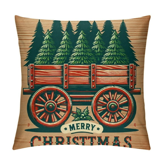  Christmas Decorative Pillow Covers Christmas Trees with Carts Linen Pillow Case Linen Wood Background Merry Christmas Quote Pillowcase Decor Couch (Christmas)