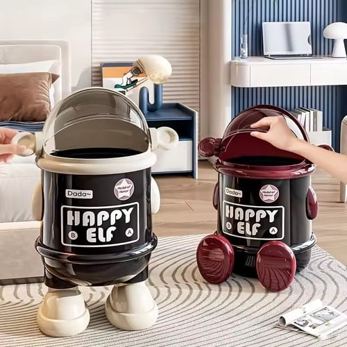 &nbsp;Colourtree Red Standing Version Garbage Can Lid Bin - 4 Gallon Cute Trash Bin for Kids with Swing Lid, Cartoon Robot Design Decorative Waste Bin