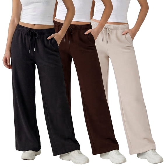  Common Stitch Women's Wide Leg Fleece Sweatpants, 3-Pack, Deep Pockets, Elastic Drawstring Waist,