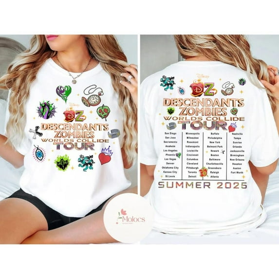  Disney Descendants Zombies Worlds Collide Tour 2 Sided Shirt, Disney Channel Descendant Zombies World Tour Concert Music Festival Fan Gift,White Color,Size M