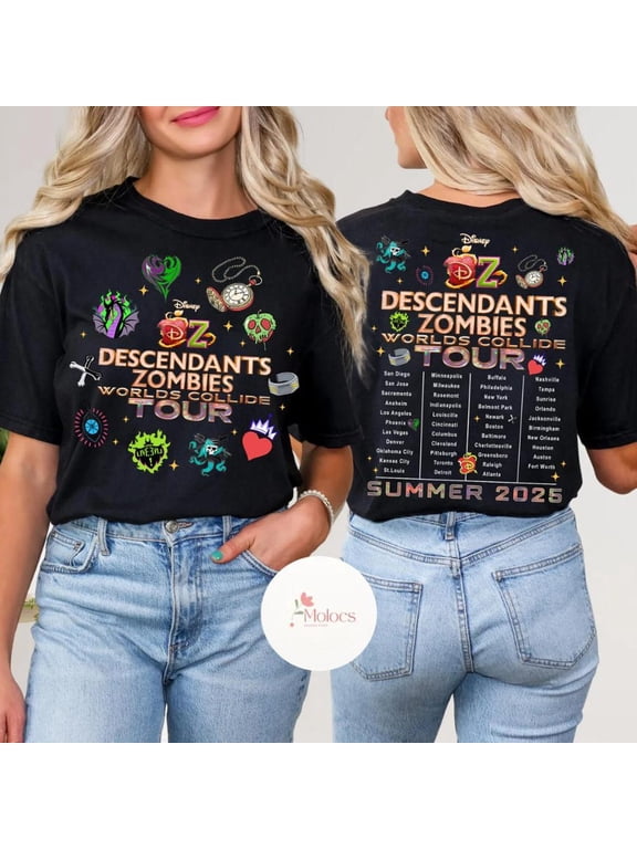  Disney Descendants Zombies Worlds Collide Tour 2 Sided Shirt, Disney Channel Descendant Zombies World Tour Concert Music Festival Fan Gift
