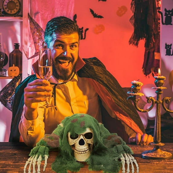  Halloween Skull Skeleton Ground Breaker Stakes - Outdoor Horror Decor with Ghost Hands & Green Gauze, 3-Piece Set