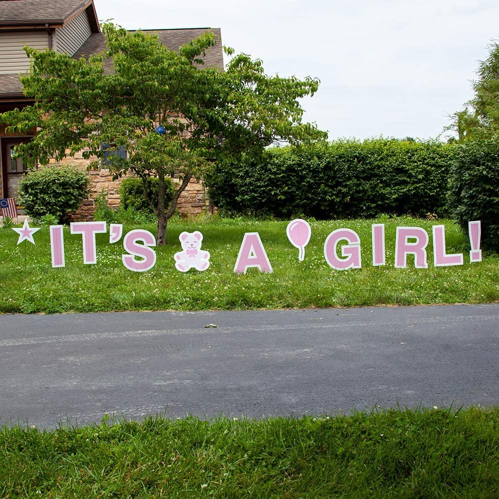 &nbsp;It’S A Girl Pink Yards Sign with Stakes – Each Letter is 18in Tall – Includes Bonus Star, Teddy Bear, and Balloon Signs – Weather-Resistant Signs and Steel Stakes