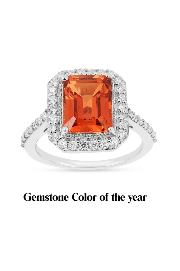 &nbsp;Peach Padparadscha Sapphire Octagon Ring For Mom - Lab Grown Halo Gemstone Sterling Silver Emerald Cut Pave Ring For Her
