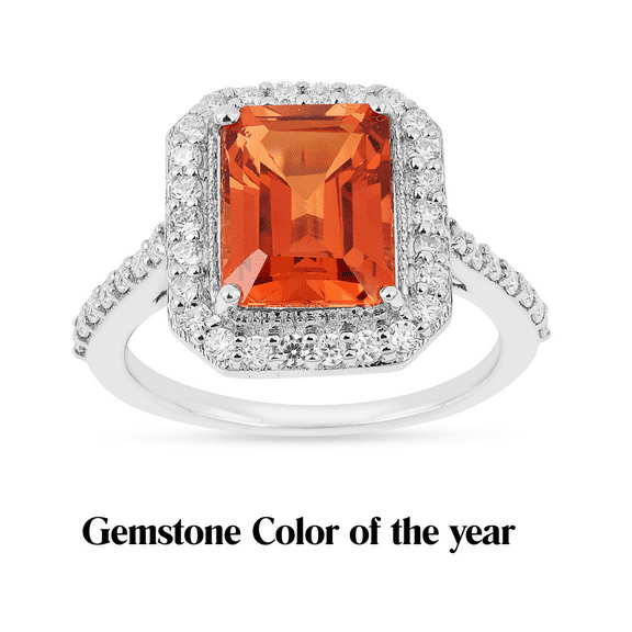 Peach Padparadscha Sapphire Octagon Ring For Mom - Lab Grown Halo Gemstone Sterling Silver Emerald Cut Pave Ring For Her