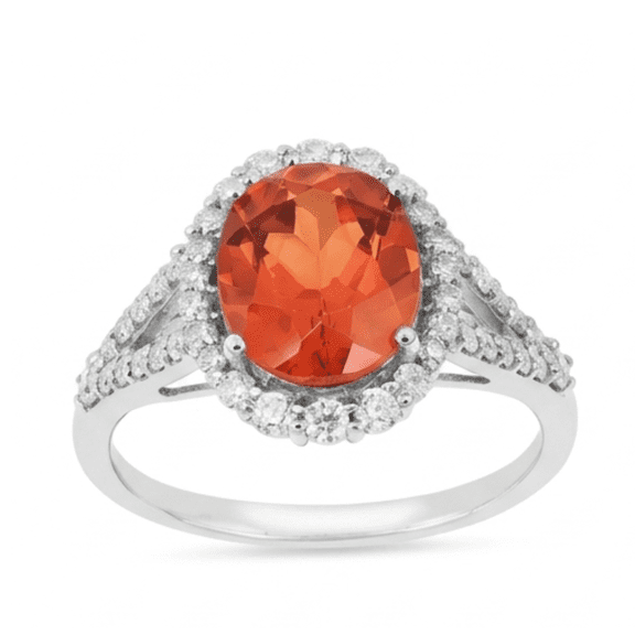 Fine Color Jewels Lab Grown Padparadscha Sapphire Oval Ring for Women, 925 Sterling Silver 4.11 Ct, Moissanite Accent, Prong Set