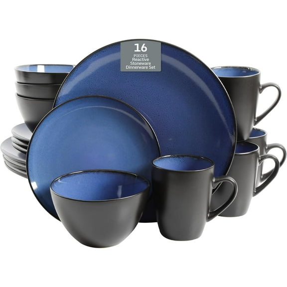 Round Reactive Glaze Stoneware Dinnerware Set, Service for 4 (16pc), Blue, Soho Round.