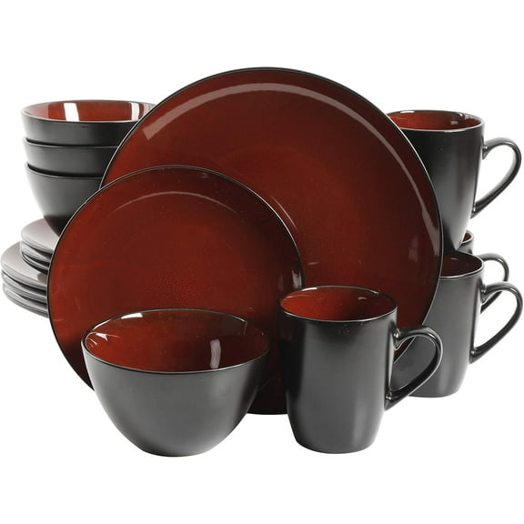 Round Reactive Glaze Stoneware Dinnerware Set, Service for Four (16pcs), Red