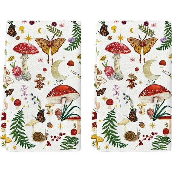  SOME THING Beige Modern Mushroom Kitchen Towels Dish Towels, 18x26 Inch Cute Botanic Farmhouse Decoration Hand Towels Set of 2