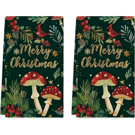  SOME THING Black Mushroom Merry Christmas Kitchen Towels Dish Towels, 18x26 Inch Farmhouse Bird Holly Winter Decoration Hand Towels Set of 2