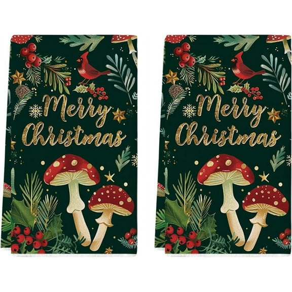  SOME THING Black Mushroom Merry Christmas Kitchen Towels Dish Towels, 18x26 Inch Farmhouse Bird Holly Winter Decoration Hand Towels Set of 2