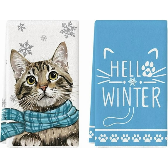  SOME THING Blue Cat Hello Winter Kitchen Towels Dish Towels, 18x26 Inch Print Snowflakes Christmas Decoration Hand Towels Set of 2