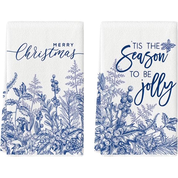  SOME THING Blue Holly Merry Christmas Kitchen Towels Dish Towels, 18x26 Inch Farmhouse Holiday Jolly Winter Decoration Hand Towels Set of 2