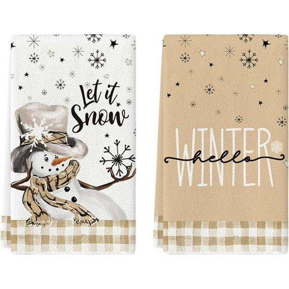  SOME THING Brown Buffalo Plaid Snowman Winter Kitchen Towels Dish Towels, 18x26 Inch Let It Snow Daily Christmas Decoration Hand Towels Set of 2