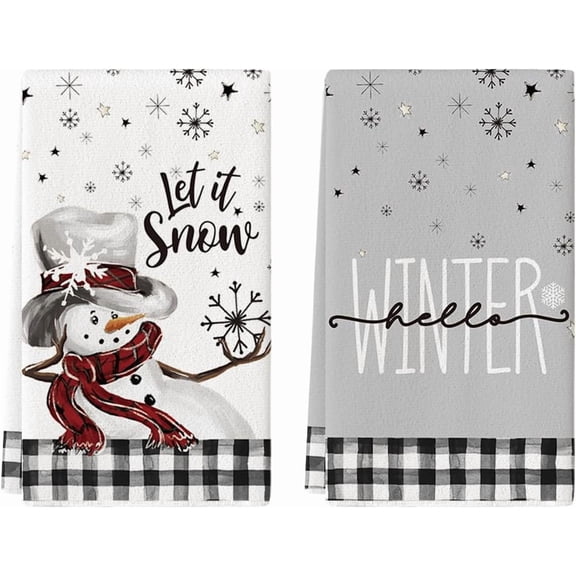  SOME THING Buffalo Plaid Snowman Let It Snow Winter Kitchen Towels Dish Towels, 18x26 Inch Daily Seasonal Christmas Decoration Hand Towels Set of 2