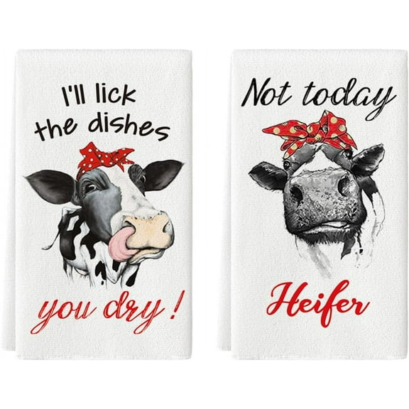  SOME THING Funny Farm Cow Kitchen Towels Dish Towels, 18x26 Inch I''ll Lick The Dishes You Dry Not Today Heifer Decoration Hand Towels Set of 2