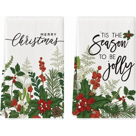 &nbsp;SOME THING Holly Merry Christmas Kitchen Towels Dish Towels, 18x26 Inch Holiday Jolly Winter Decoration Hand Towels Set of 2