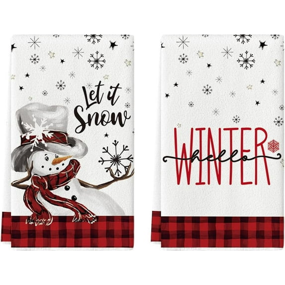  SOME THING Red Buffalo Plaid Snowman Winter Kitchen Towels Dish Towels, 18x26 Inch Let It Snow Daily Christmas Decoration Hand Towels Set of 2