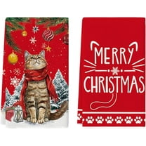 SOME THING Xmas Tree Cat Merry Christmas Kitchen Towels Dish Towels, 18x26 Inch Box Winter Decoration Hand Towels Set of 2