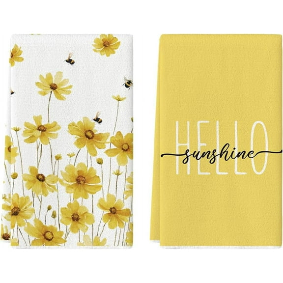 &nbsp;SOME THING Yellow Flowers Bee Hello Sunshine Spring Kitchen Towels Dish Towels, 18x26 Inch Summer Holiday Decoration Hand Towels Set of 2