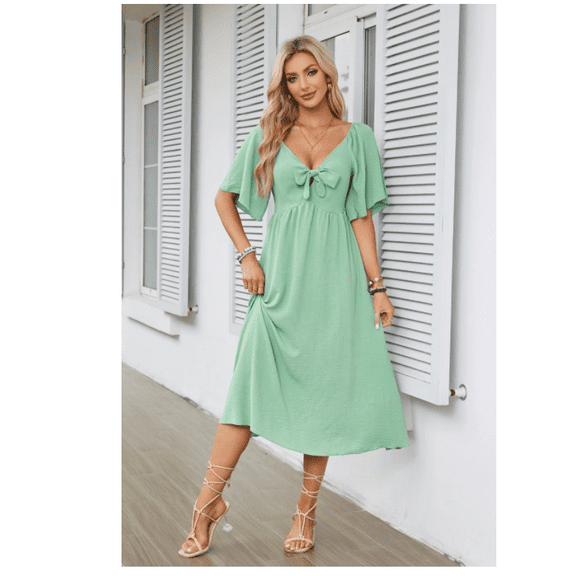  Summer Dress for Women Casual Short Sleeve Bow Tie V Neck Ruffle Midi Flowy Dresses
