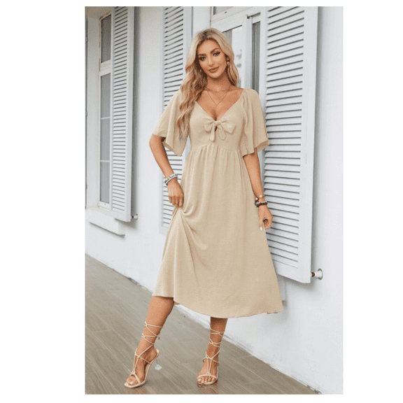  Summer Dress for Women Casual Short Sleeve Bow Tie V Neck Ruffle Midi Flowy Dresses