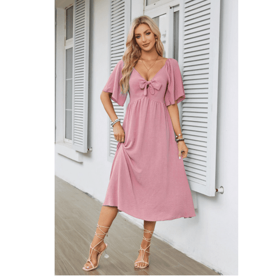  Summer Dress for Women Casual Short Sleeve Bow Tie V Neck Ruffle Midi Flowy Dresses