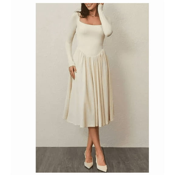  Women Spring Fashion Square Neck Long Sleeve Casual A-Line Midi Dress