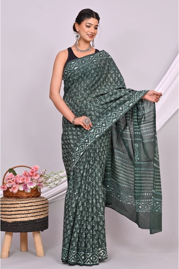 Women's Premium Floral Printed Linen Saree with Blouse Piece