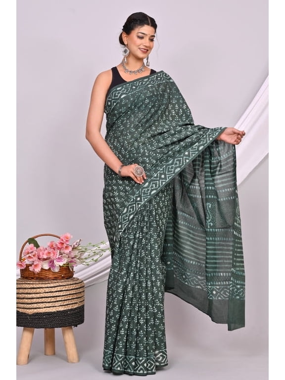 Women's Premium Floral Printed Linen Saree with Blouse Piece