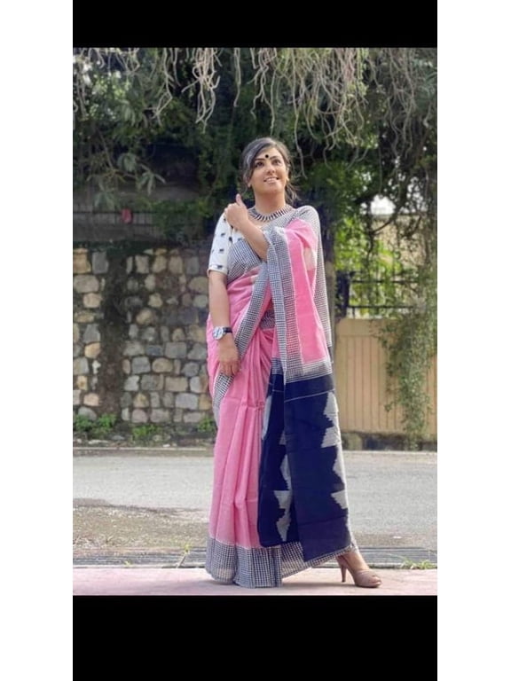  Women's Premium Floral Printed Linen Saree with Blouse Piece