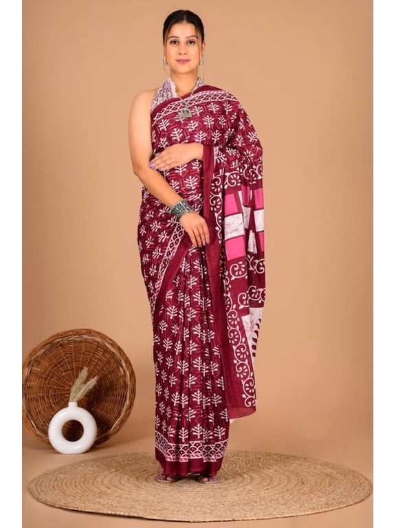 Women's Premium Floral Printed Linen Saree with Blouse Piece