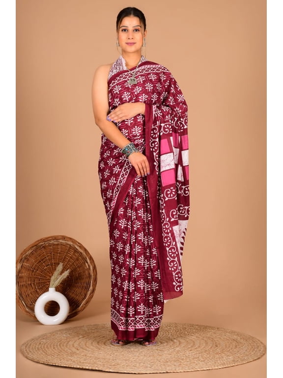 Women's Premium Floral Printed Linen Saree with Blouse Piece