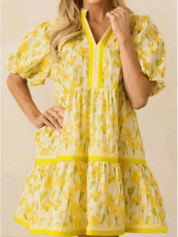  Womens V Neck Floral Mini Dress Short Puff Sleeve Patchwork Summer Casual Boho Dresses
