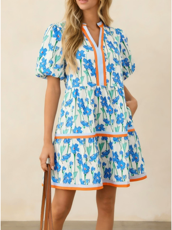  Womens V Neck Floral Mini Dress Short Puff Sleeve Patchwork Summer Casual Boho Dresses