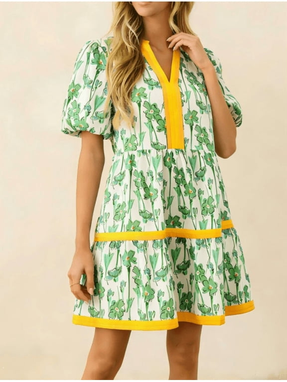  Womens V Neck Floral Mini Dress Short Puff Sleeve Patchwork Summer Casual Boho Dresses