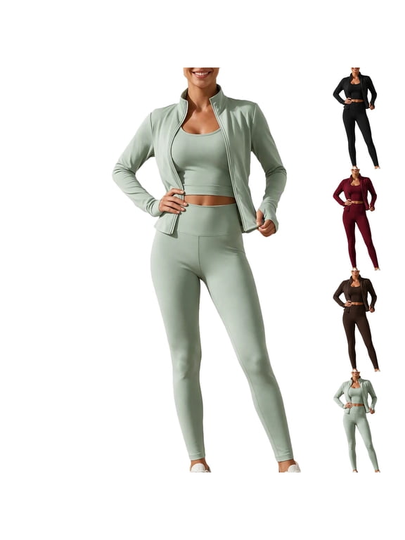  Womens Workout Sets 3 Piece Seamless Long Sleeve Jacket Scrunch Butt Leggings Racerback Sports Bra Yoga Gym Outfits