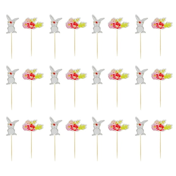 nbuaila 24Pcs Cake Toppers Cartoon Bunny Pattern Happy Easter Rabbit Festival Cake Decorating Sticks for Restaurant
