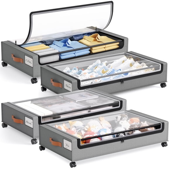 nder Bed Storage Containers with Wheels, Under Bed Shoe Storage Organizer Drawer, Tool-free Assembly Metal Storage Containers for Bedroom Clothes Shoes Blankets -4PCKGrey