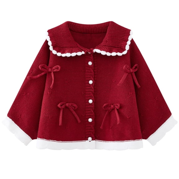 ndy Wine Kids Girl Boy Long Sleeve Moon Jacket Cape Trench Outfits for Kid High Neck Sweater Fleece Lined Wool Casual Bow Tie Crochet Cardigan Winter Fall Cape 2026 2 Years