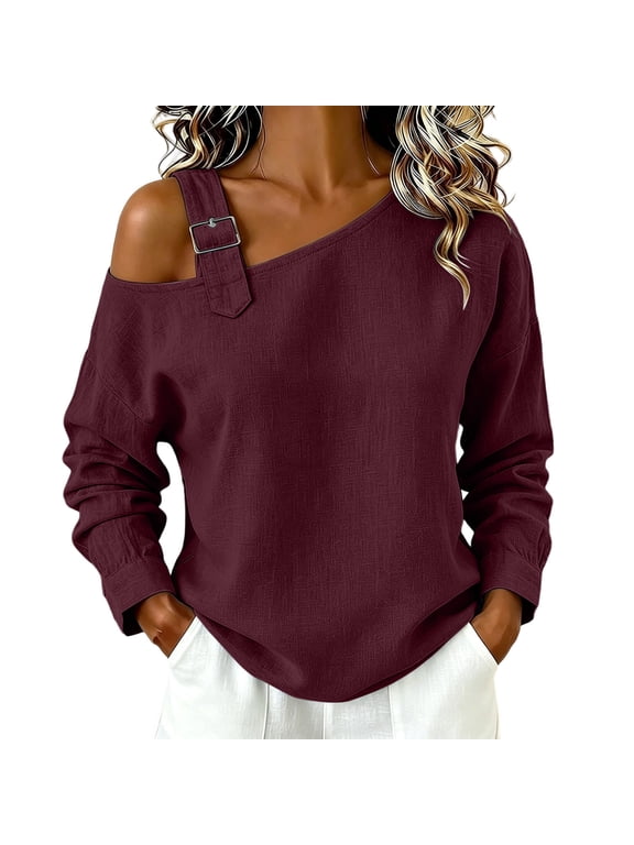 ndy Wine Long Sleeve Off The One Shoulder Tops for Ladies Summer Fall Lounge Adjustable Basic Tops Shirt Blouse Womens Button 2026 Clothing Country Concert Y2K XXL