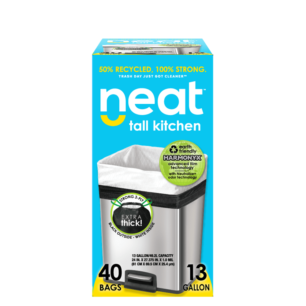 Neat Tall Kitchen 13 Gallon Drawstring Trash Bags - (40 Count) - Triple Ply Fortified, Eco-Friendly 50% Recycled Material, Neutralize+ Odor