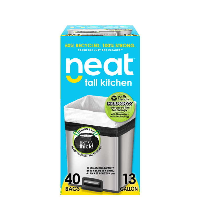 neat 13 Gallon Drawstring Trash Bags - (40 Count) - Triple Ply Fortified,  Eco-Friendly 50% Recycled Material, Neutralize+ Odor Technology, Reversible