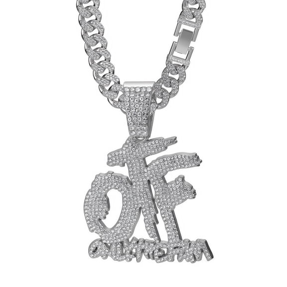 necklace alloy all diamond OTF letter pendant necklace Hip hop men's and women's Cuban necklace (23.62 inches (60 centimeters)silvery