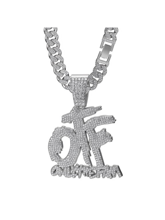 necklace alloy all diamond OTF letter pendant necklace Hip hop men's and women's Cuban necklace (23.62 inches (60 centimeters)silvery