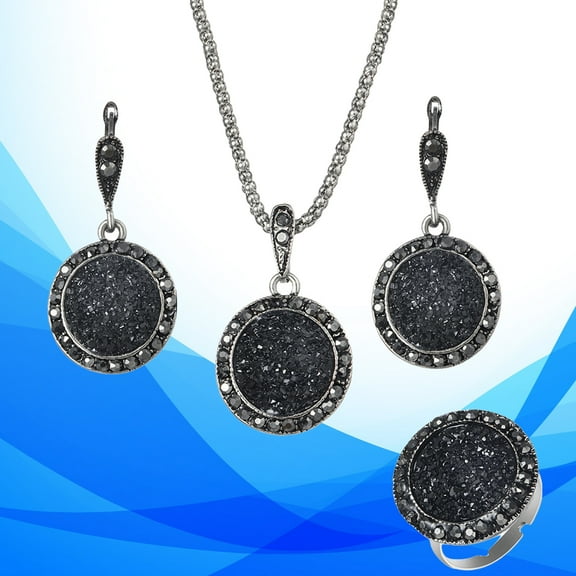 necklace jewelry set 4PCS Black Jewelry Set with Drusy Rhinestone Pendant Necklace Earrings Ring for Women